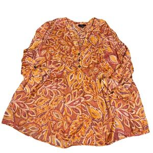 Cocomo Woman Blouse Orange Floral 3/4 Roll Tab Sleeve Size 3X Cottagecore Flowy